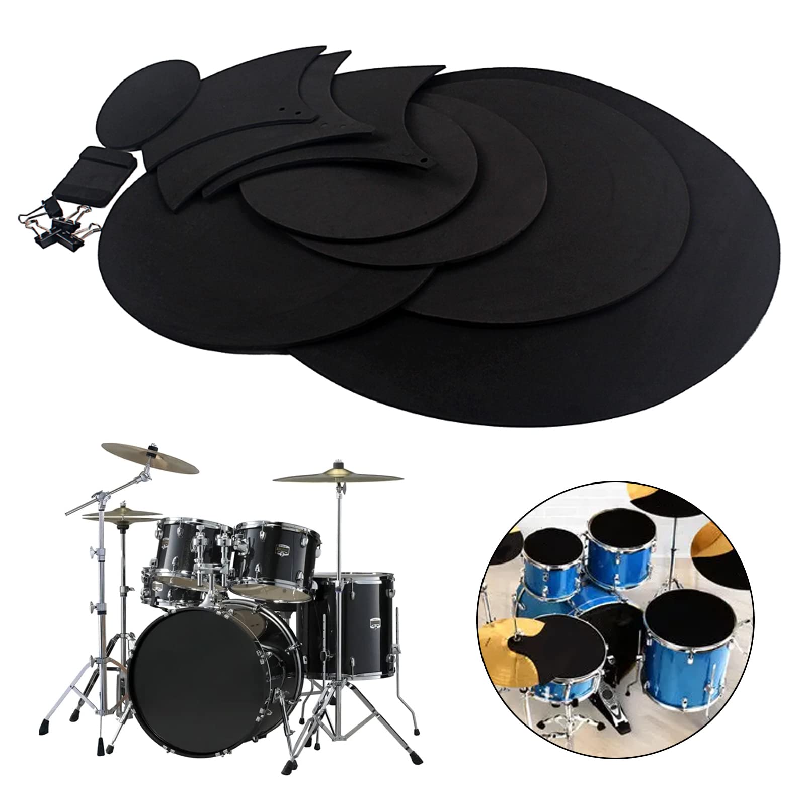 Nawwgy 14 Pcs/Set Drum Mute Pads Drum Head Pad Sound Off Blocks Belt Mat with 4 Binder Clips for Drum Practice Drum Set soundproof pad