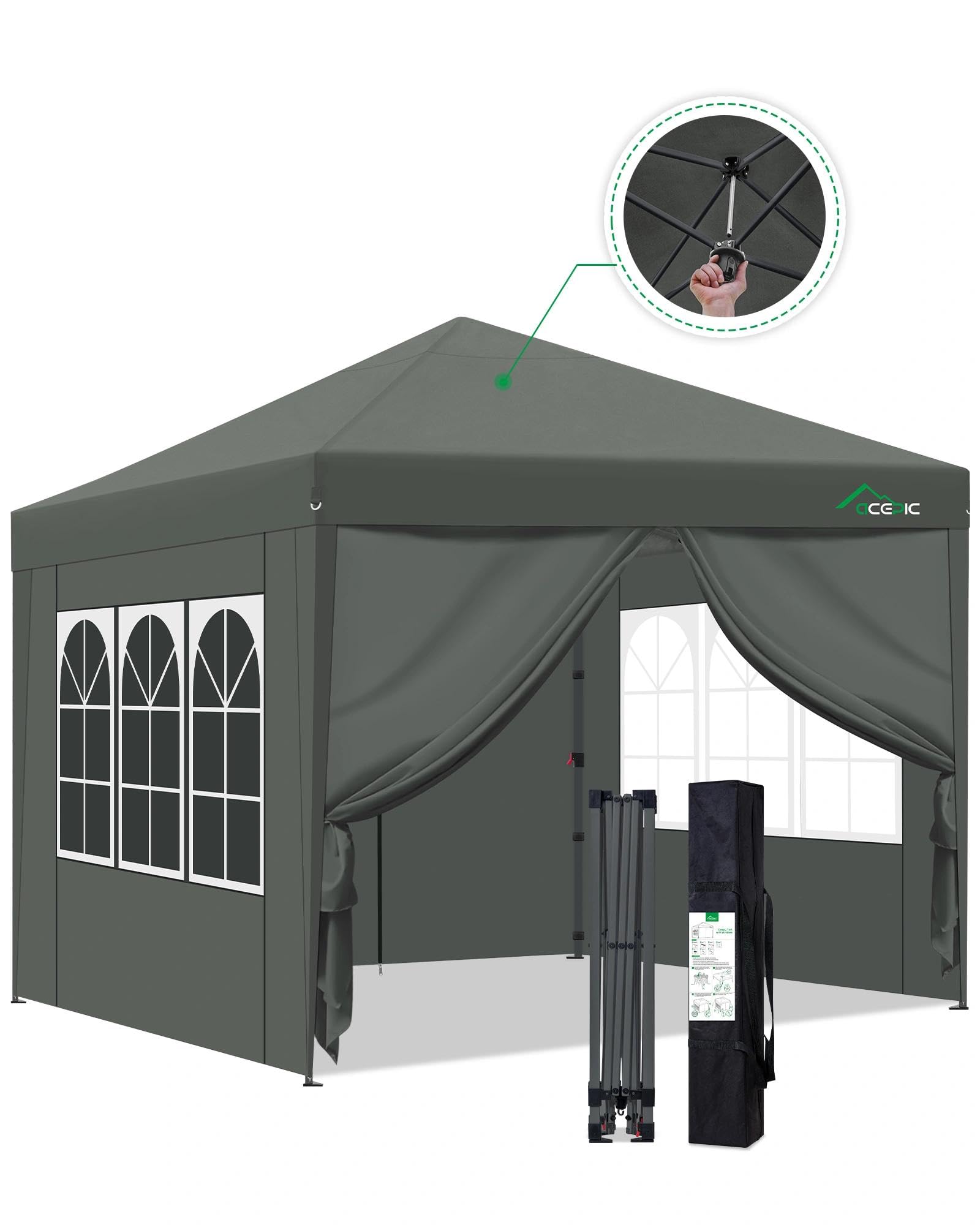 Acepic One-Touch Pop Up Pavillon 3x3 Wasserdicht Stabil Winterfest mit Seitenteile, Pop-Up Faltpavillon mit Schnellem Aufbau, Gartenzelt für Camping, Strand, Party und Flohmarkt, 3x3m, Grau