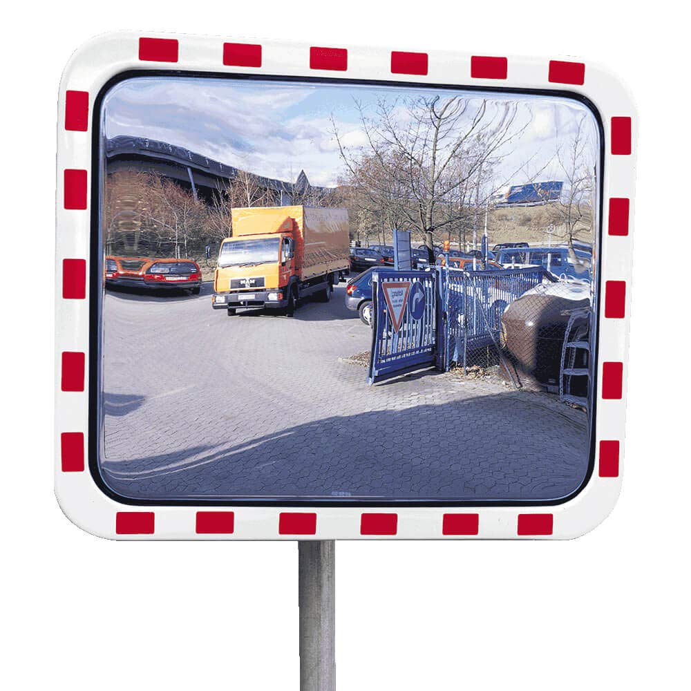 MIRAC Verkehrsspiegel ULTRA, Polycarbonatglas, rot/weiß, rechteckig, 100 x 80 cm aus Glas, Kunststoff, Stahl, Art.-Nr. 45500810 | Sicherheitsspiegel | Straßenspiegel