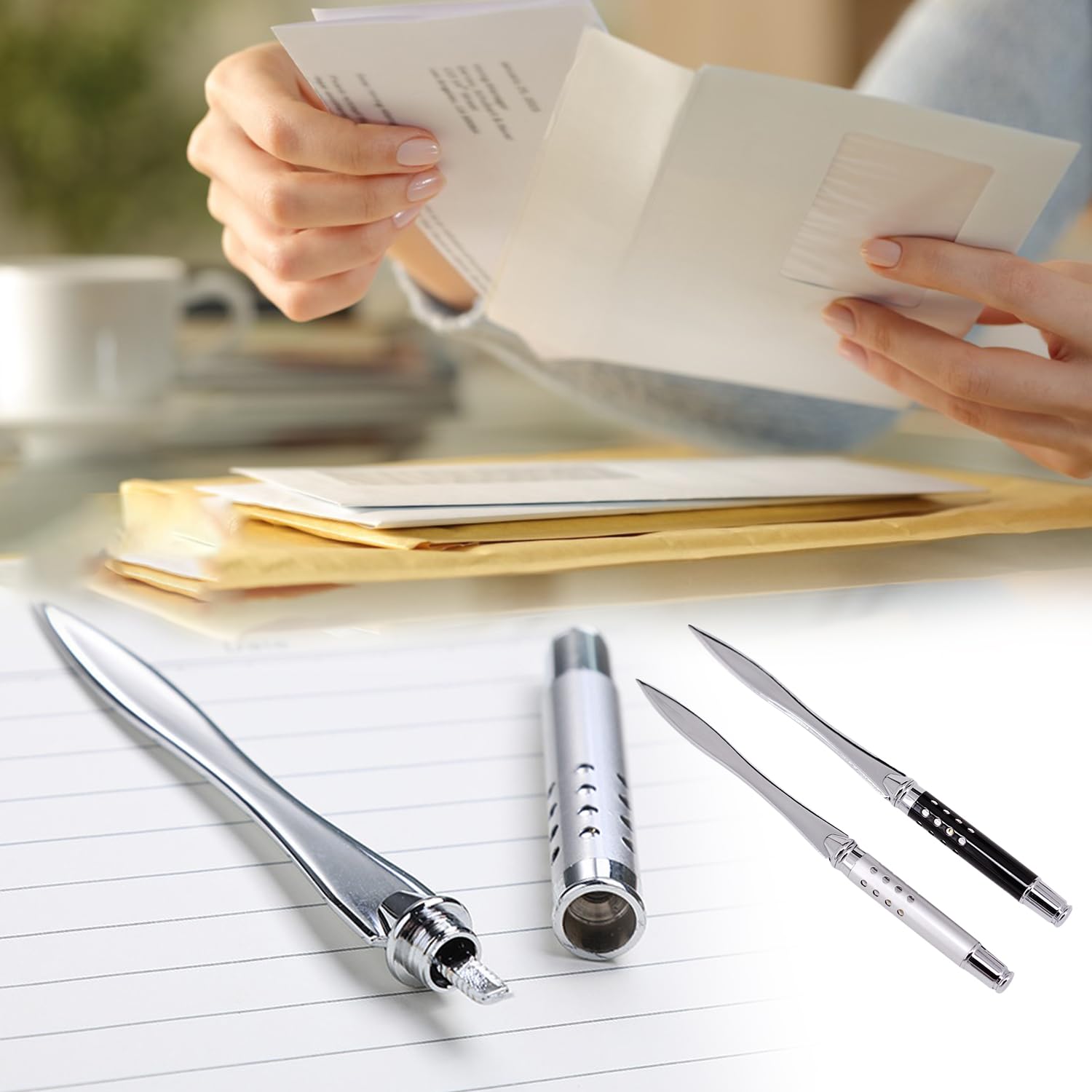 JNAWA 2Pieces Letter Opener Metal Black and Silver Envelope Packages Cutter Lightweight and Portable Paper Opener for School Office Home Use - Image 4