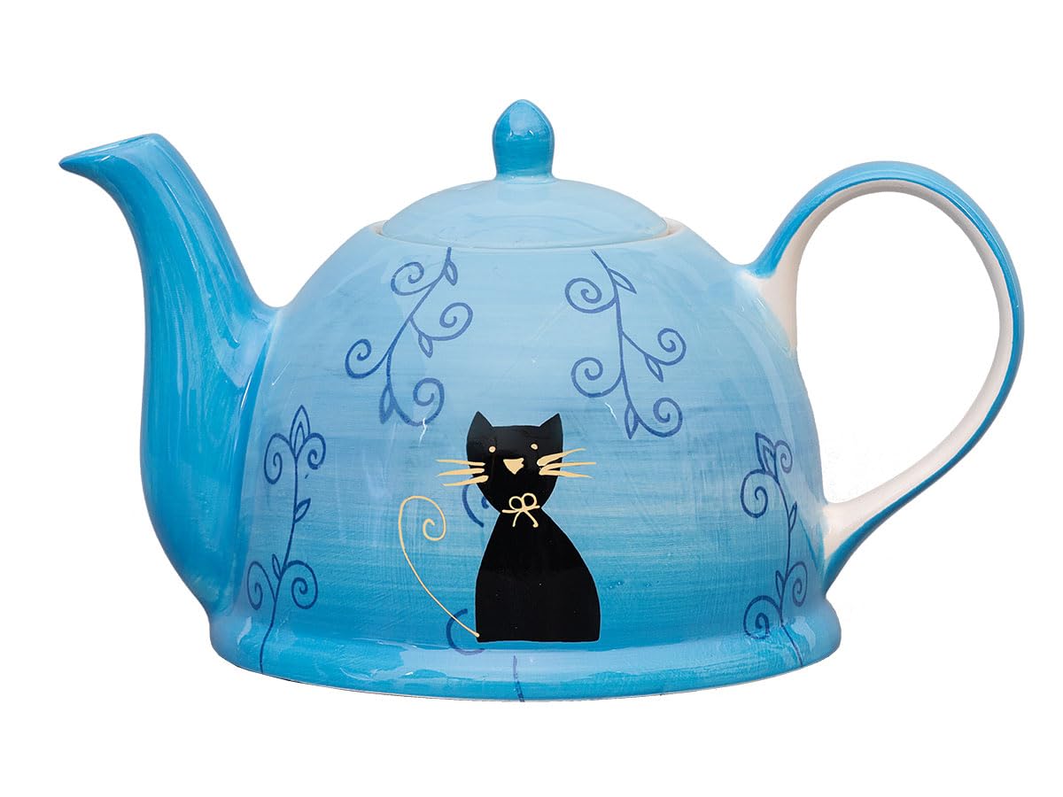 Teekanne 1,5l aus Keramik mit Stövchen aus Metall für 1-3 Kerzen, Blau mit schwarzer Katze, Geschenkidee für Katzenliebhaber, handbemalt