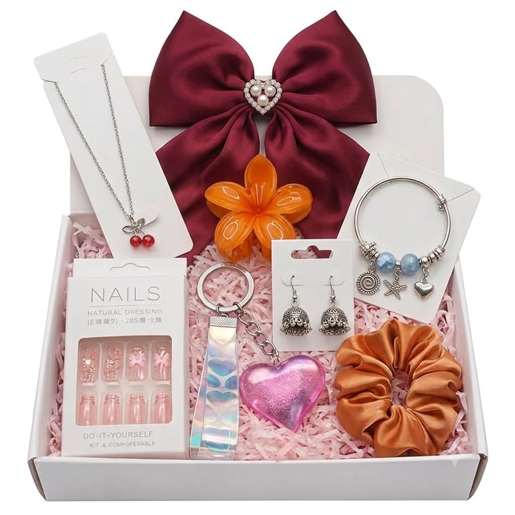8-Piece Women's Fashion Jewelry & Hair Accessories Gift Set | Pendant Necklace, Charm Bracelet, Oxidized Jhumki Earrings, Satin Hair Bow, Scrunchie & Large Flower Claw Clip | Assorted Colors & Designs | Perfect For Gifting-image-37