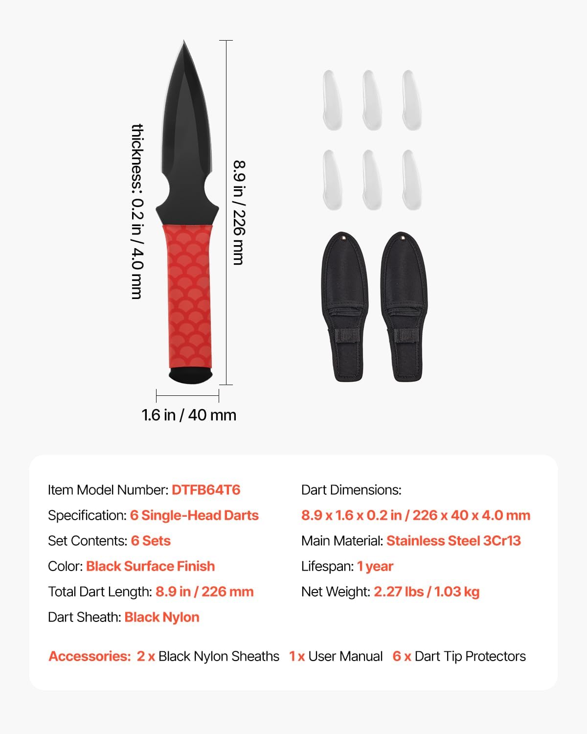 VEVOR Throwing Knives Set, 6 Pack, 8.9 inch Stainless Steel Well-Balanced Knives with Protective Black Nylon Sheath, Ideal Companion for Throwing Products Axes, Sturdy for Recreation and Competition