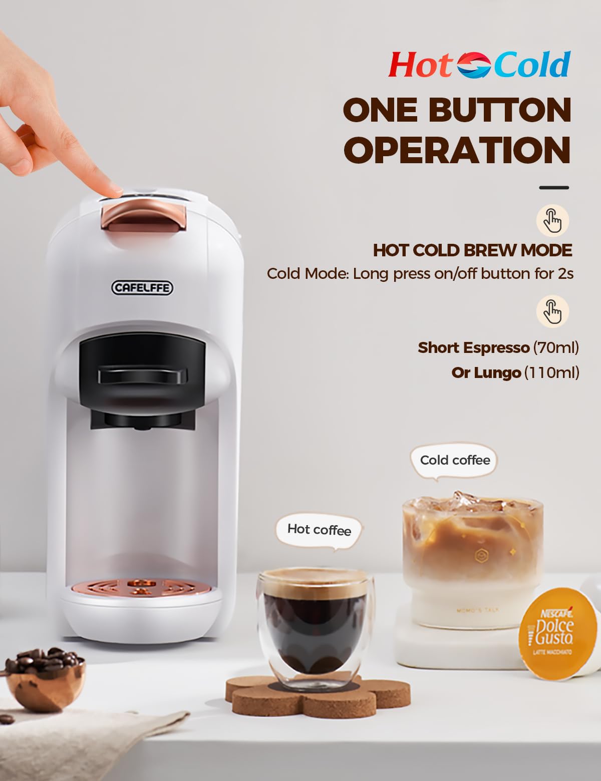 CAFELFFE Ekspres do kawy na kapsułki 5 w 1 MK606, parzenie na gorąco/zimno, 19 barów, do Nec* Original, DG*, Kcup, padów ESE i zmielonej kawy, model energooszczędny Erp2, zbiornik na wodę 0,6 l, biały