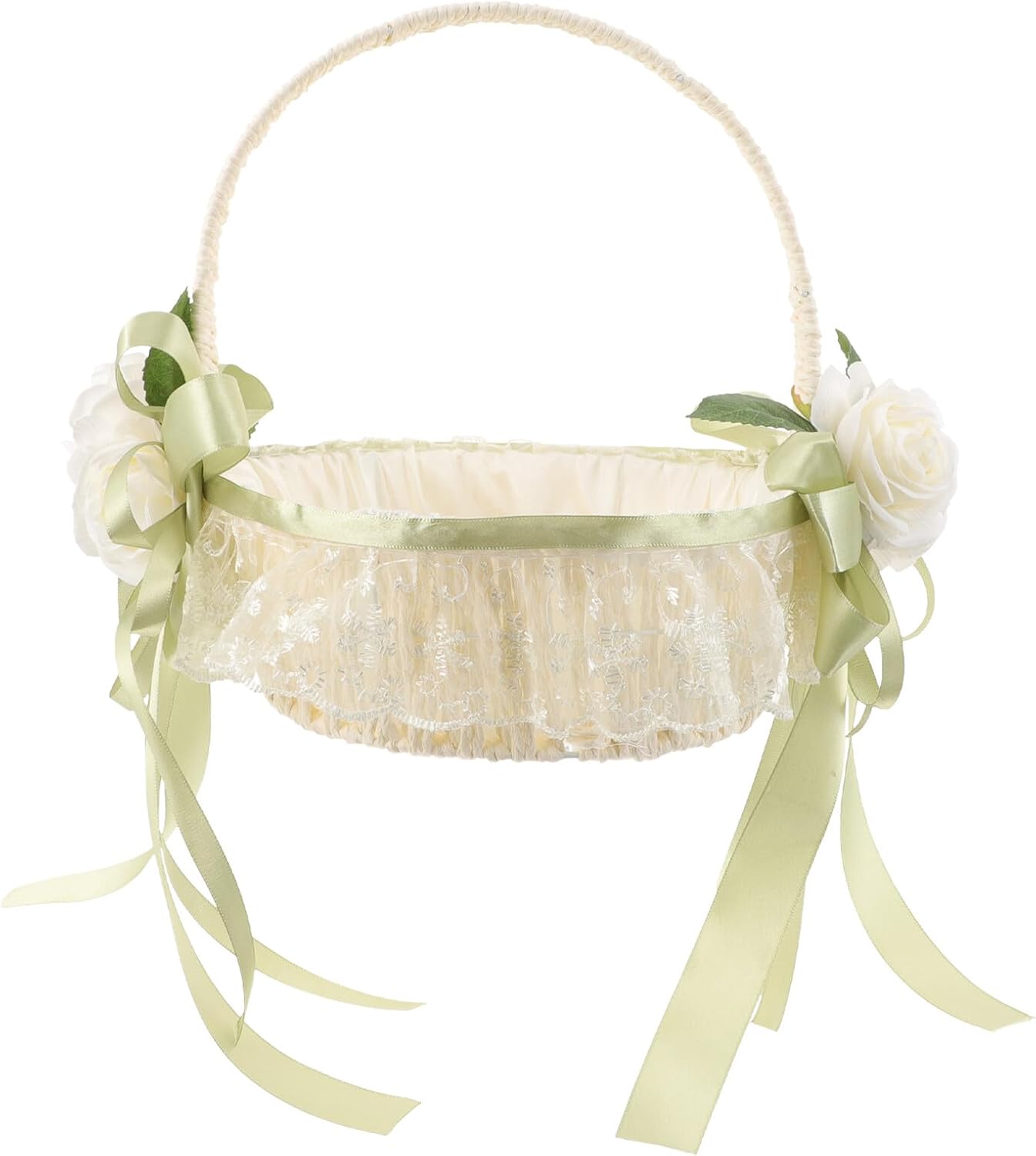 Healeved Handheld Flower Girl Basket with Handle White Faux Rose Petal Basket with Bowknot for Ceremony Supplies
