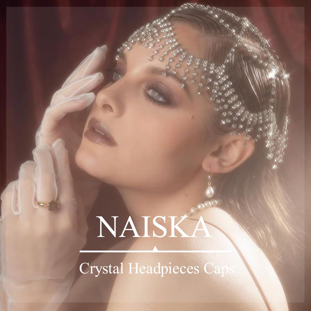 NAISKA 1920s Mesh Rhinestone Headband Cap Silver Tassel Crystal Head Chain Wedding Brides Headpieces Vintage Prom Costume Halloween Style Hair Accessories Jewelry for Women and Girls - Image 7