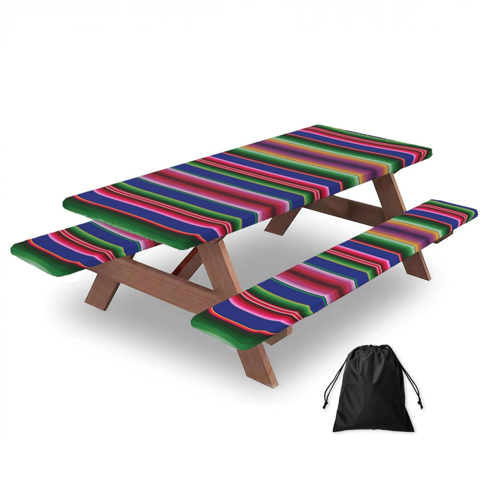 Duwaa Black Colorful Mexican Stripes Print 183Cm Picnic Table Cover With Bench Covers, Waterproof Elastic Tablecloth Set For Outdoor