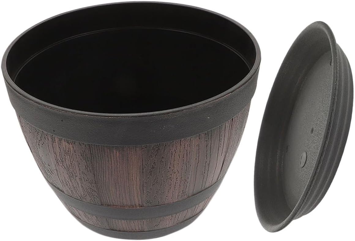 ARTIBETTER Vintage Faux Wooden Planter Bucket with Drainage Holes and Tray, Thickened Plastic Flower Pot for Garden Balcony Patio, Retro Barrel Planting Container