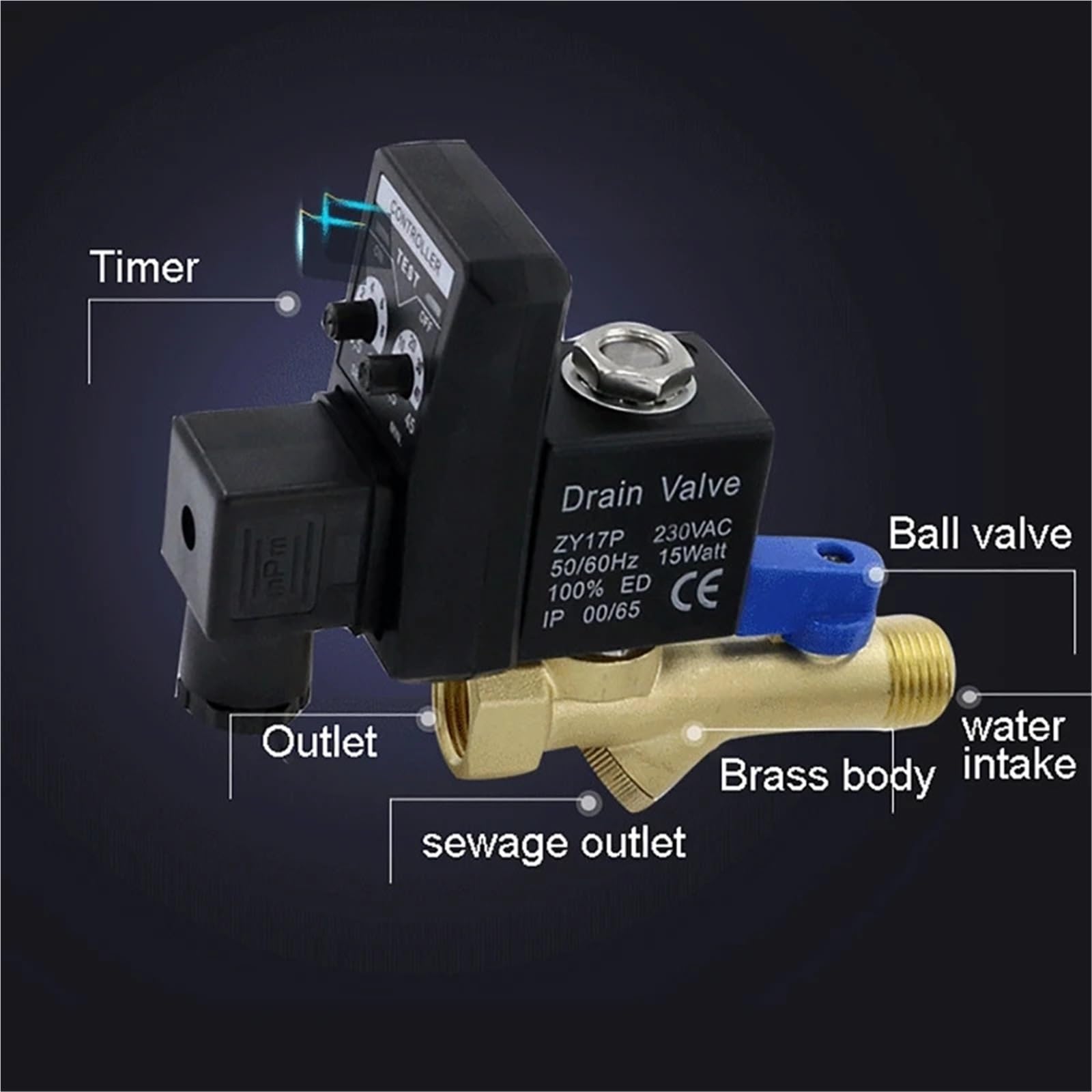 Compresor de aire de 2 vías con temporizador electrónico de 1/2 pulgada CA 220 V, válvula de drenaje automática for tanque de gas. Válvula de drenaje automática de 2 vías.
