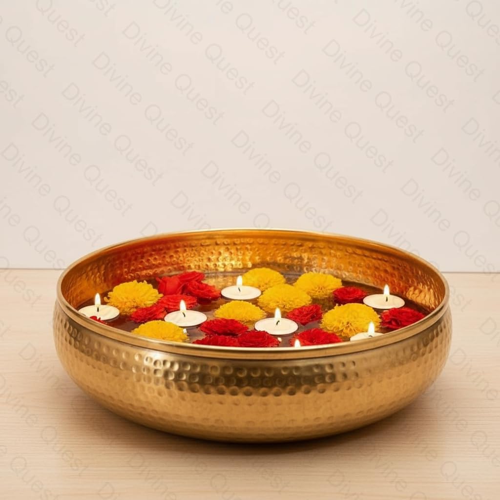 Antique Round Hammered Traditional Potpourri Bowl – 12-Inch Gold Decorative Urli Bowl for Floating Flowers, Tea Light Candles & Home Décor – Handcrafted Metallic Centerpiece for Festive & Pooja Décor-image-24