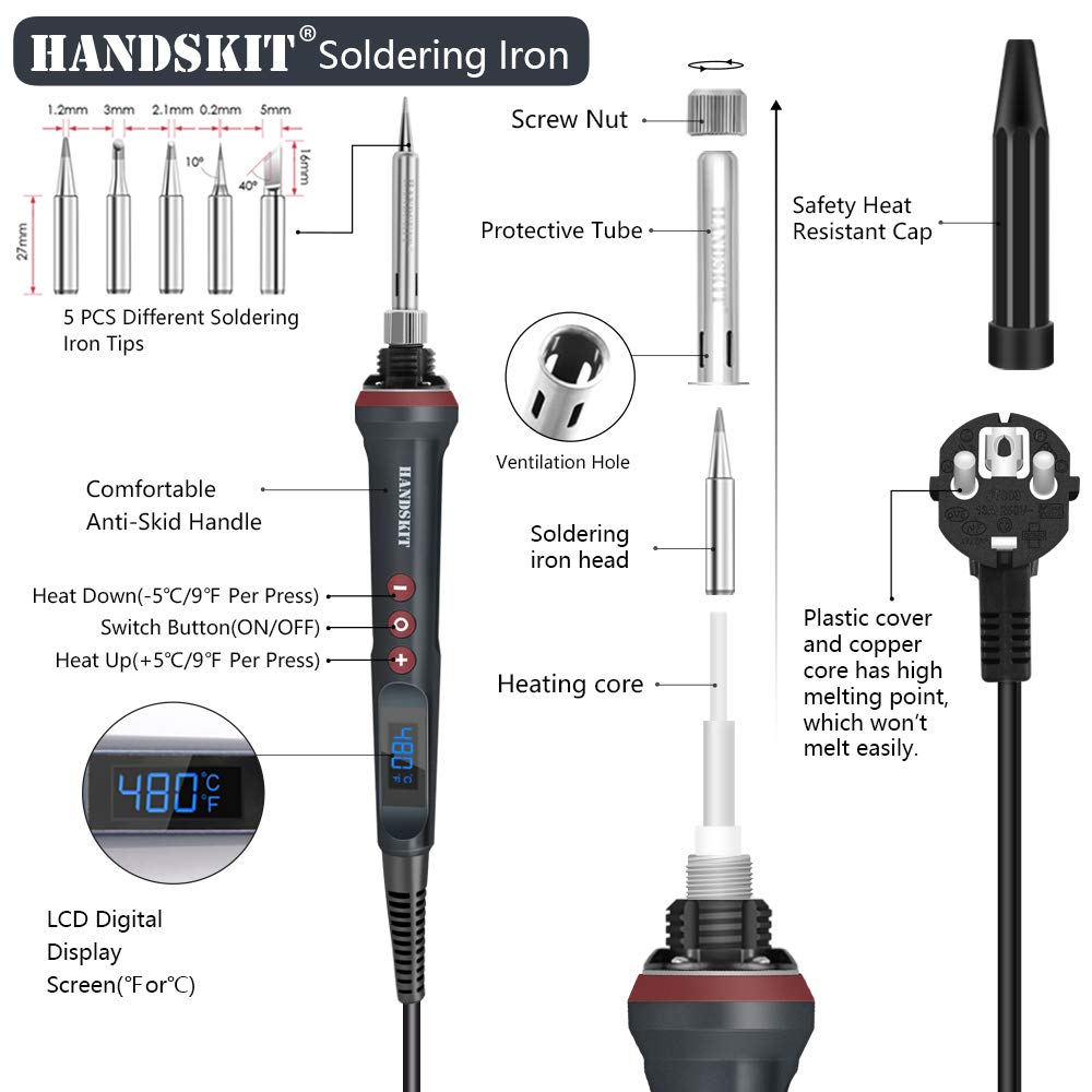 HANDSKIT Fer à Souder Précision 90W, Température Réglable de 180 à 480℃, Fer à Souder LED Électronique, 5 Pointes de Soudure, Support et Fil de Soudure pour DIY, Fer à Souder Étain et Électrique
