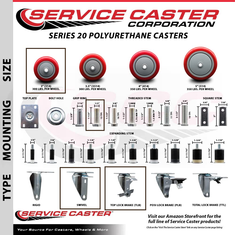3" Swivel Caster with 1/2" Threaded Stem, Red Polyurethane Wheel and Brake - 300 lbs. Capacity - Service Caster Brand