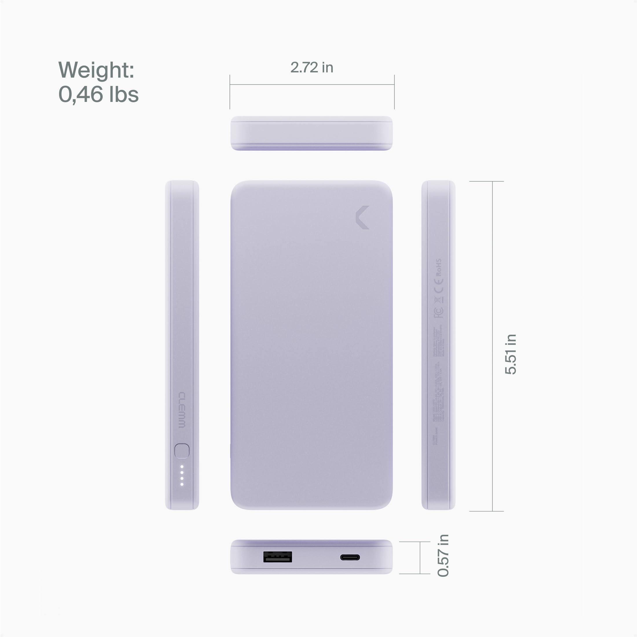 Clemm Caricabatterie portatile 10K mAh Dual Port (USB-A, USB-C) Ricarica rapida Power Bank per iPhone 16/15/14, Samsung Galaxy, iPad, Google Pixel e altri, lavanda