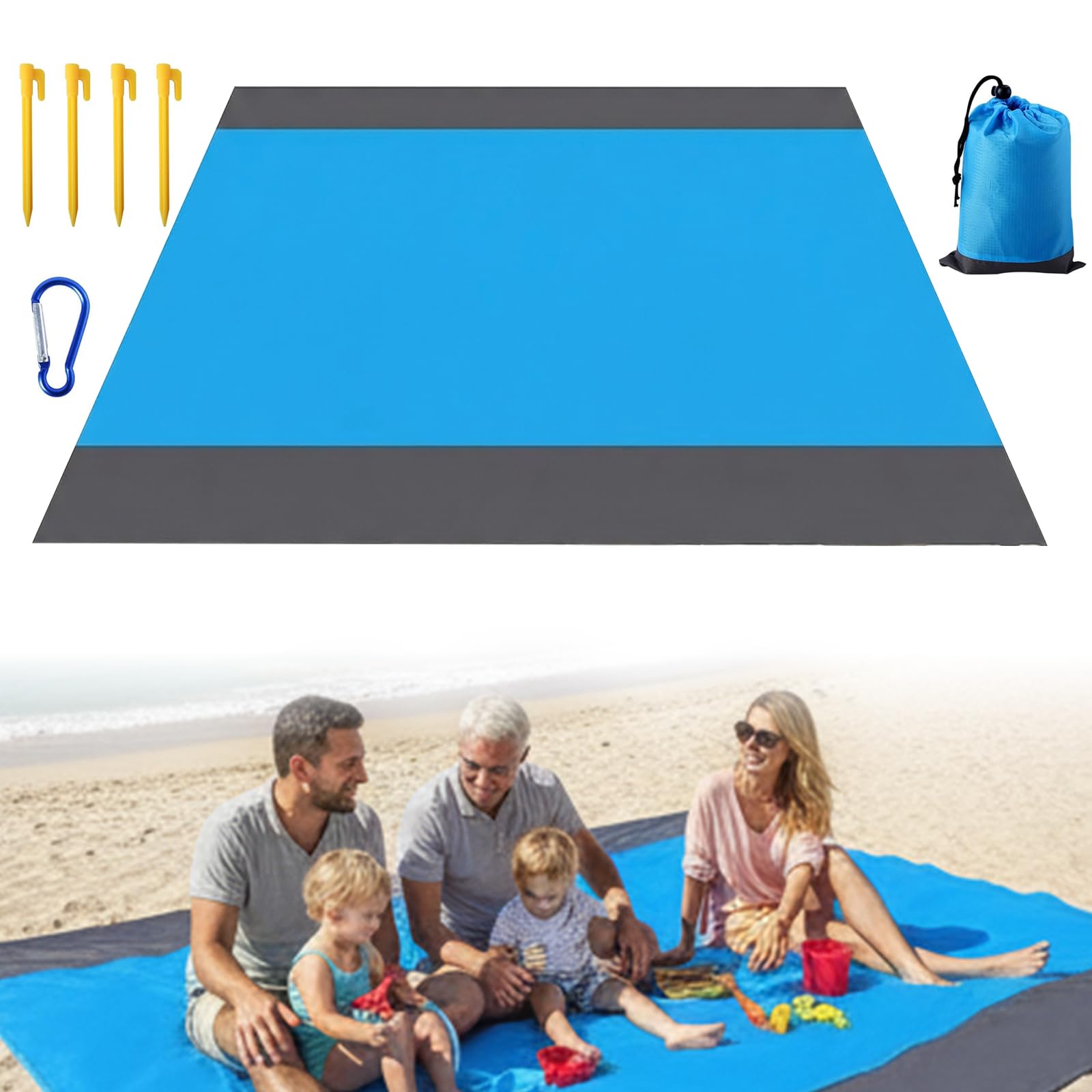 Jiaquenwex Light Beach Blanket - 210X200cm Sandproof Quick-Dry Beach Mat, Waterproof Picnic Blanket With 4 Stakes, Weight Camping Accessories For Outdoor Trips