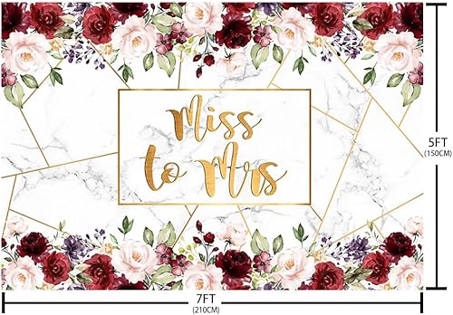 Miniatura 5 de Sendy Telón de fondo de Miss to Mrs de 7 x 5 pies para despedida de soltera, mármol burdeos, rosa, rosa, floral, suministros de decoración de