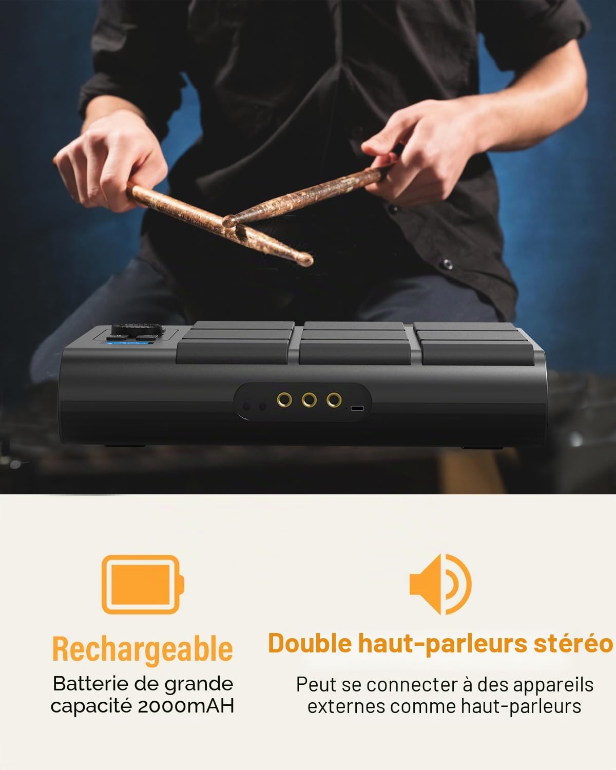 Kit de batterie électrique portable 9 pads avec écran LCD, deux haut-parleurs stéréo et pédales – Batterie numérique pour débutants/professionnels, compatible PC/Mac, pratique à domicile et