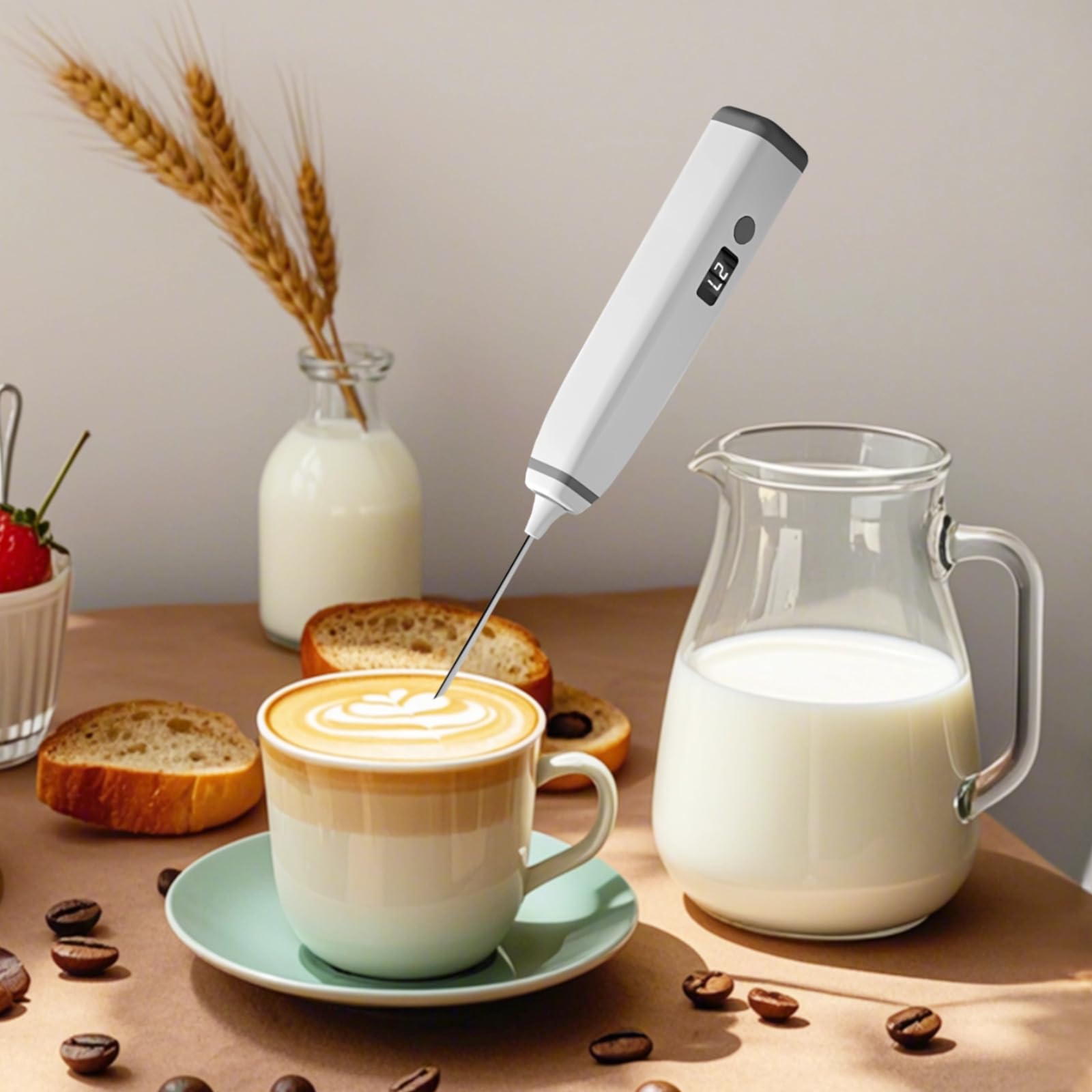 Montalatte portatile, senza fili, elettrico, per caffè e cottura, batteria integrata con display a LED, ricarica USB, include testa extra, design compatto nero