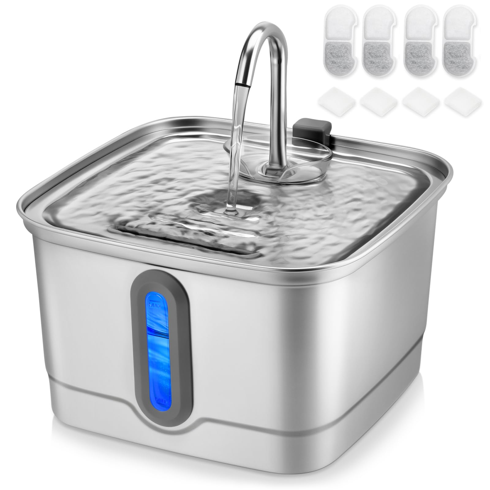 SEIRMEP Stainless Steel Cat Water Fountain, 101oz/3L Automatic Pet Water Fountain, Dog Water Fountain with Replacement Filters for Cats, Small Dogs (4 Filters and 4 Sponges)