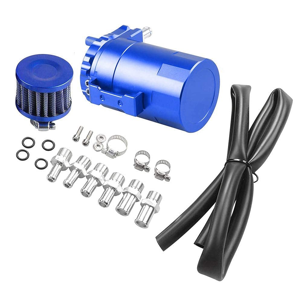 Towwoo 300 ml Alluminio Decanter, Seperator Vapori Olio Motore, Cattura Aria Universal, per Recupero Vapori con Kit di Accessori a 2 Porte, Filtro Aria, Tubi (Blu)