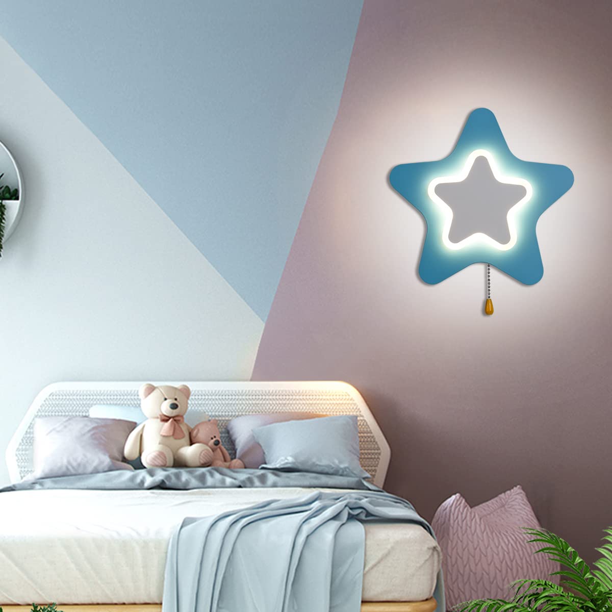 Nowoczesna lampa ścienna dla dzieci Gwiazda z przełącznikiem LED Star Wall Light Pink Kids Room Wall Lampka nocna z 3 kolorami Lampka nocna dla chłopca Dziewczyna Sypialnia Salon Dekoracyjna, niebiesk