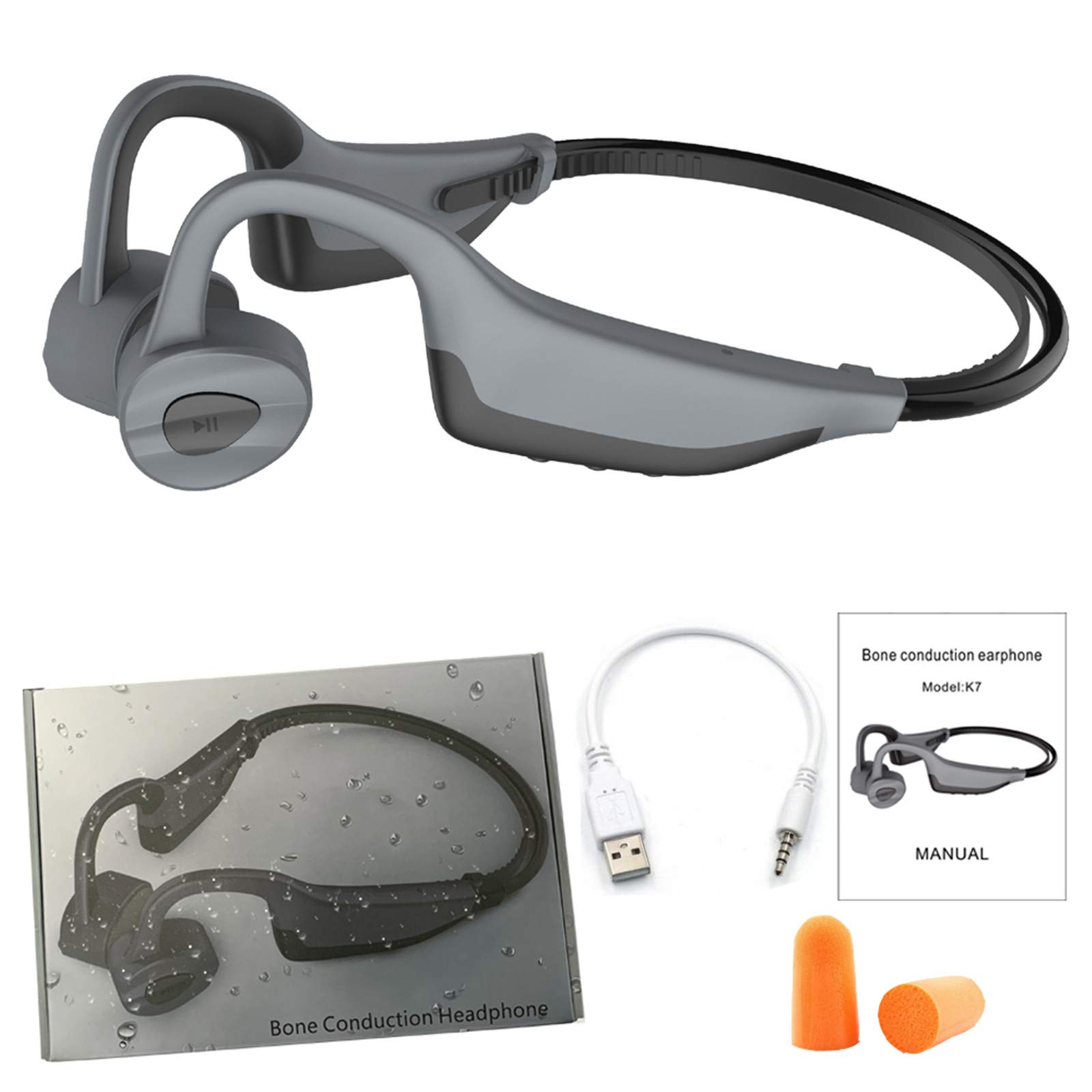 Cuffia a conduzione ossea 2 in 1 16 GB Lettore Mp3 Bluetooth 5.0 Auricolare k7 per la vita Salute Impermeabile Corsa Fitness Sport Headset (Grigio)