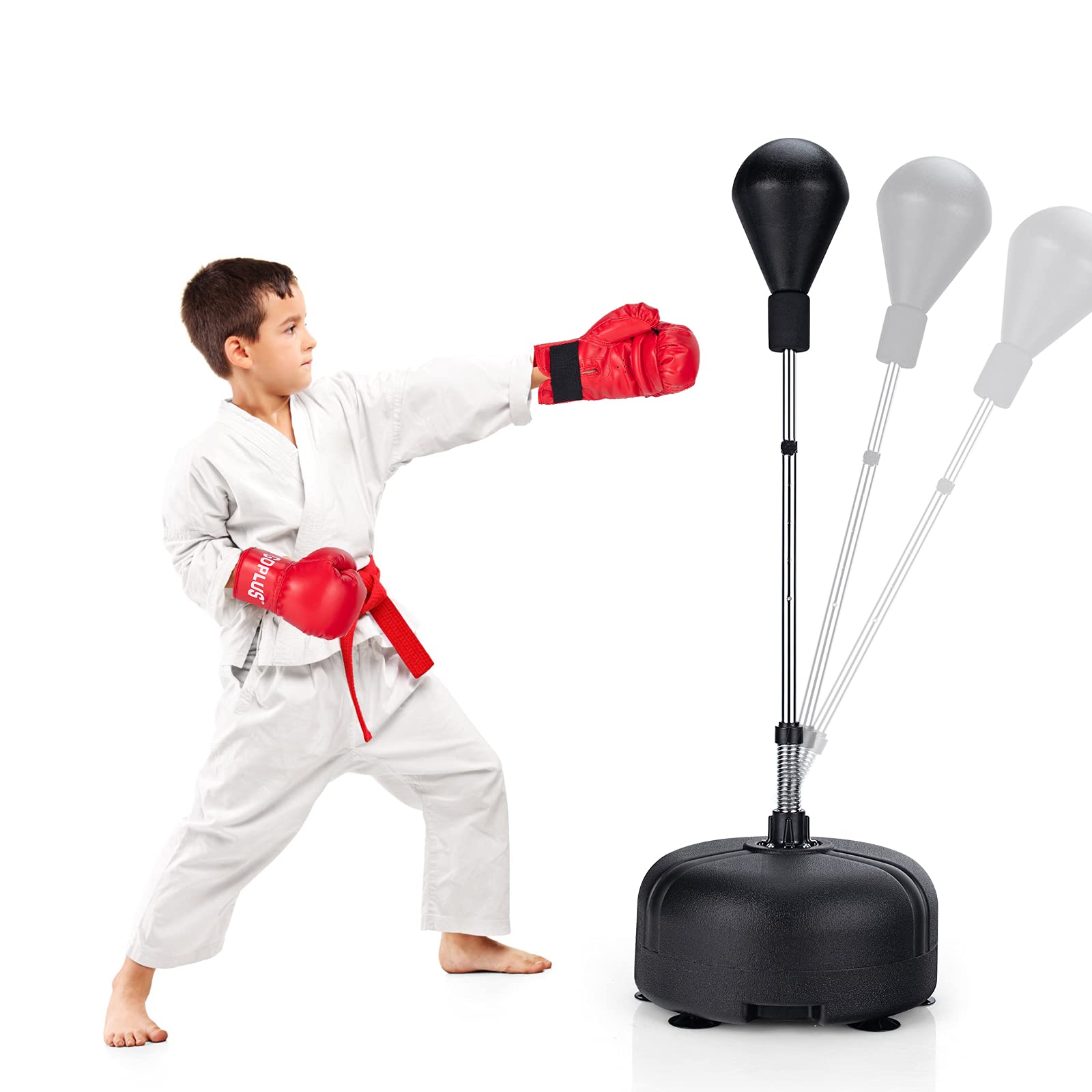 GYMAX Sacco da Boxe da Terra Regolabile in Altezza a 4 Livelli, Punching Ball Boxe con Base Riempibile con Sabbia o Acqua, 6 Dischetti a Ventosa e Guanti Imbottiti in Cotone, Nero