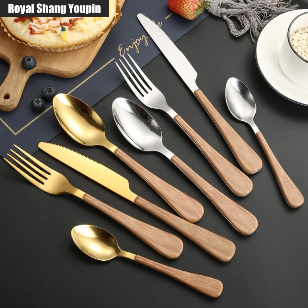 Legno Manico Piatto Cucina Acciaio Inox Argenteria Stoviglie Posate Coltelli Forchette Cucchiai Set Hotel Casa Bistecca Coltello Dessert Cucchiaio (Oro,16 pezzi)