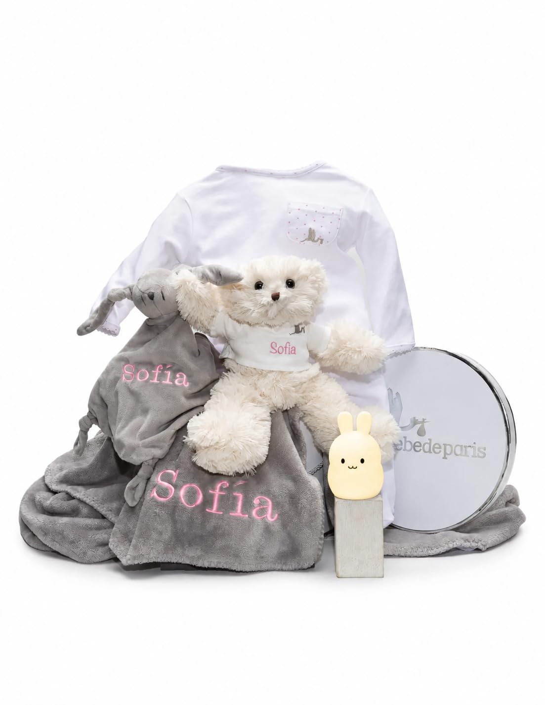 Regalo para Recién Nacido | Doudou Personalizado y Lampara de Luz Nocturna | Hecho a Mano en España | Caja de Regalo de Lujo (Rosa) | BebeDeParis