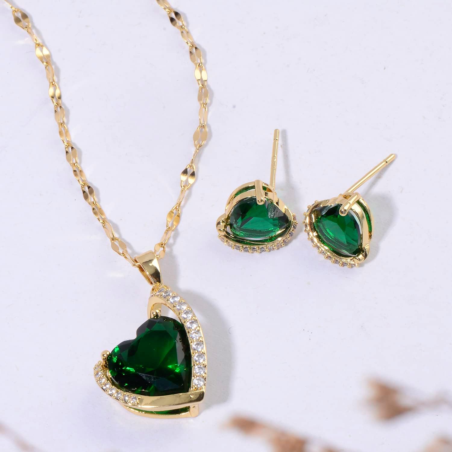 Heart Jewelry Set for Women - 14k Plated Cubic Zirconia Crystal CZ Birthstone Gemstone Love Stud Earrings Pendant Necklace Set for Girls Party Prom Christmas Mother’s Day Valentine’s Day Jewelry Gift