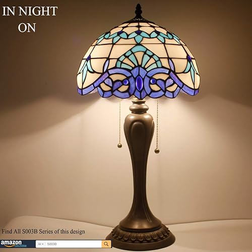 Miniatura 4 de WERFACTORY Lámpara Tiffany blanca azul marino barroco de vidrieras de noche lámpara de mesa de lectura de escritorio 12 x 12 x 22 pulgadas