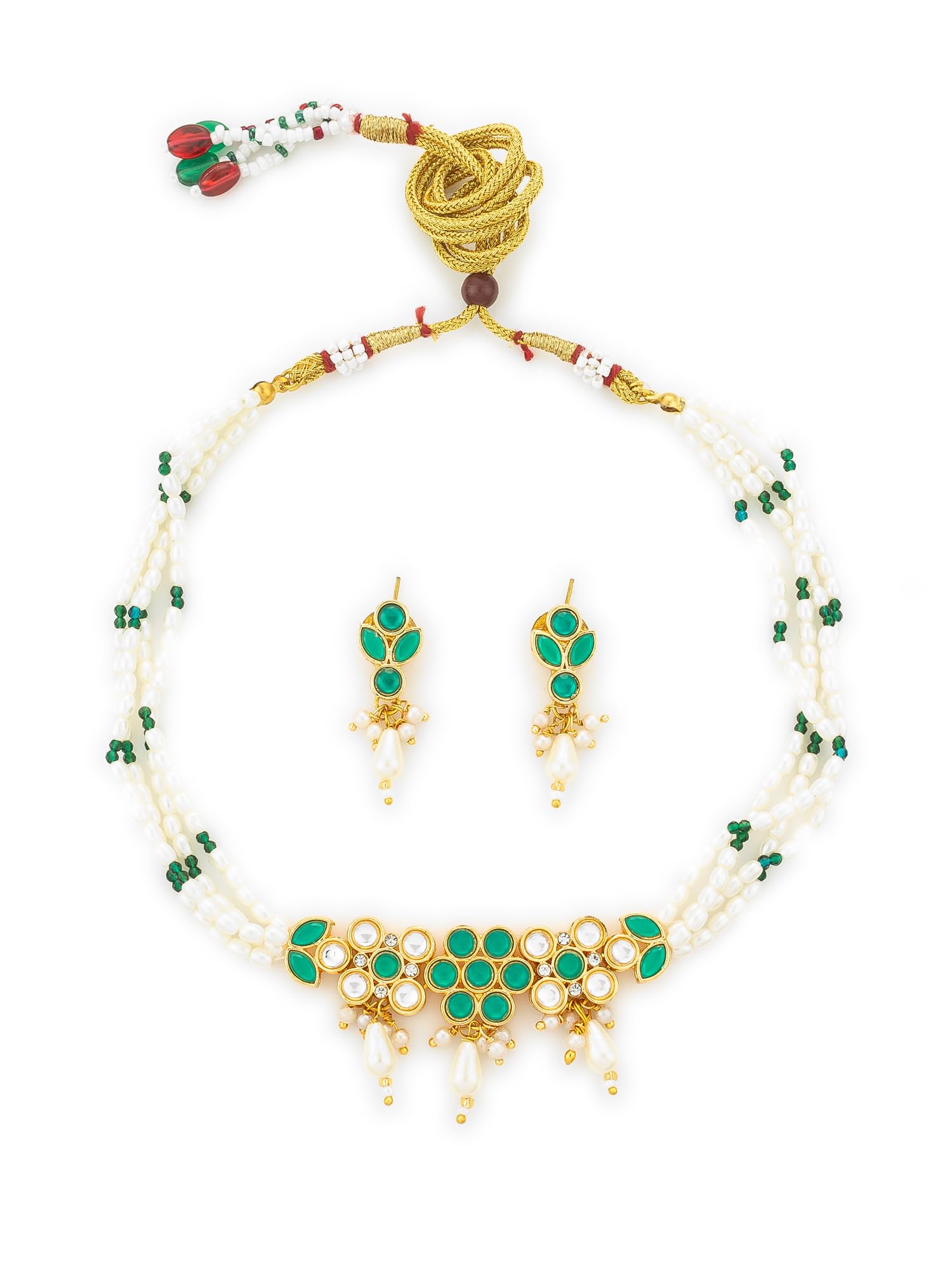 Green Kundan Pearl Choker Jewellery Set | Gold Plated Brass Multi Pearl Necklace with Green & White Stones and Matching Earrings | Traditional Temple Design | Festive Gift & Wedding Gift Choice (NK4889)-image-8