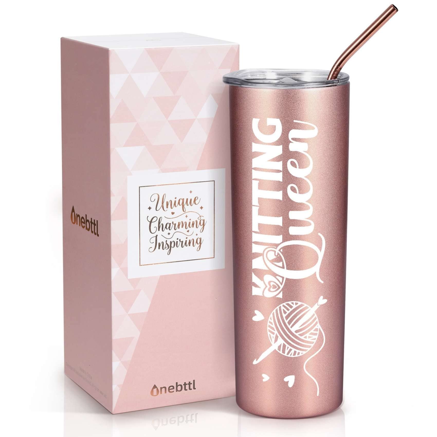 Onebttl Knitting Gifts for Women, Crochet Lovers - Knitting Queen - 20oz/590ml Stainless Steel Insulated Tumbler with Straw & Lid, Crochet Gift for