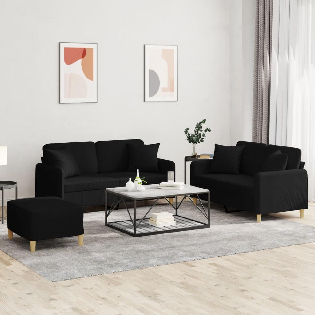 3-częściowy zestaw sof, czarny materiał, 2 x dwuosobowa sofa 120 i 140 cm, podnóżek, tapicerowany zestaw z poduszkami do salonu, biura, pokoju gościnnego, przytulny, zajmuje mało miejsca