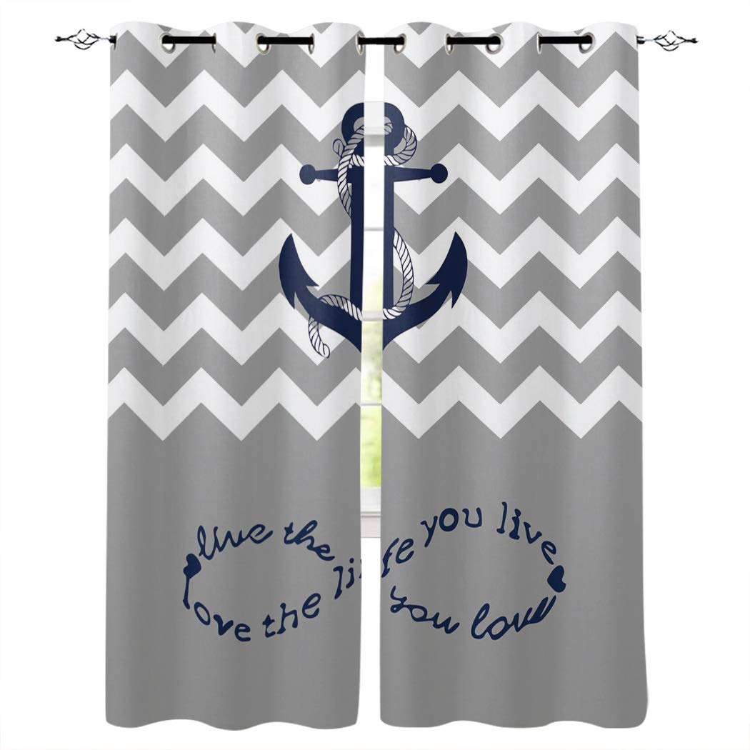 Room Darkening Curtains with Sliver Grommet Top 2 Panels 52x90 Inches,Navy Blue Anchor, Infinity Live The Life You Love, Gray and White Chevron Blackout Draperies for Sliding Glass Door/Bedroom