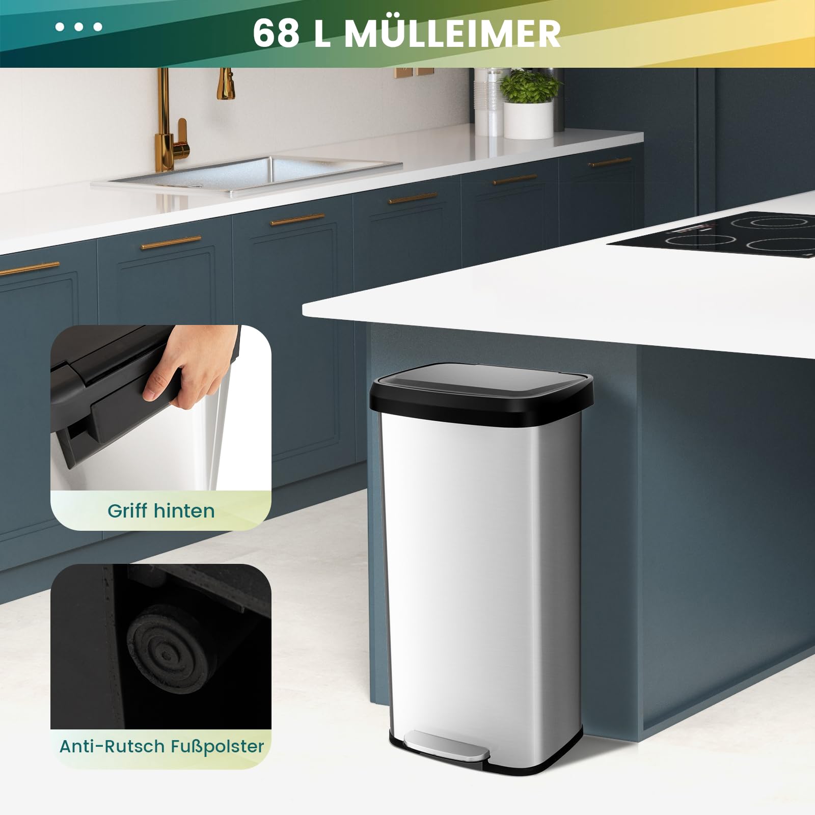 COSTWAY Mülleimer Küche, 68L Abfalleimer, Tretmülleimer mit sanft schließendem Deckel, Mülltrennsystem inkl. Desodorierungsfach, aus Edelstahl und Kunststoff (Silber)