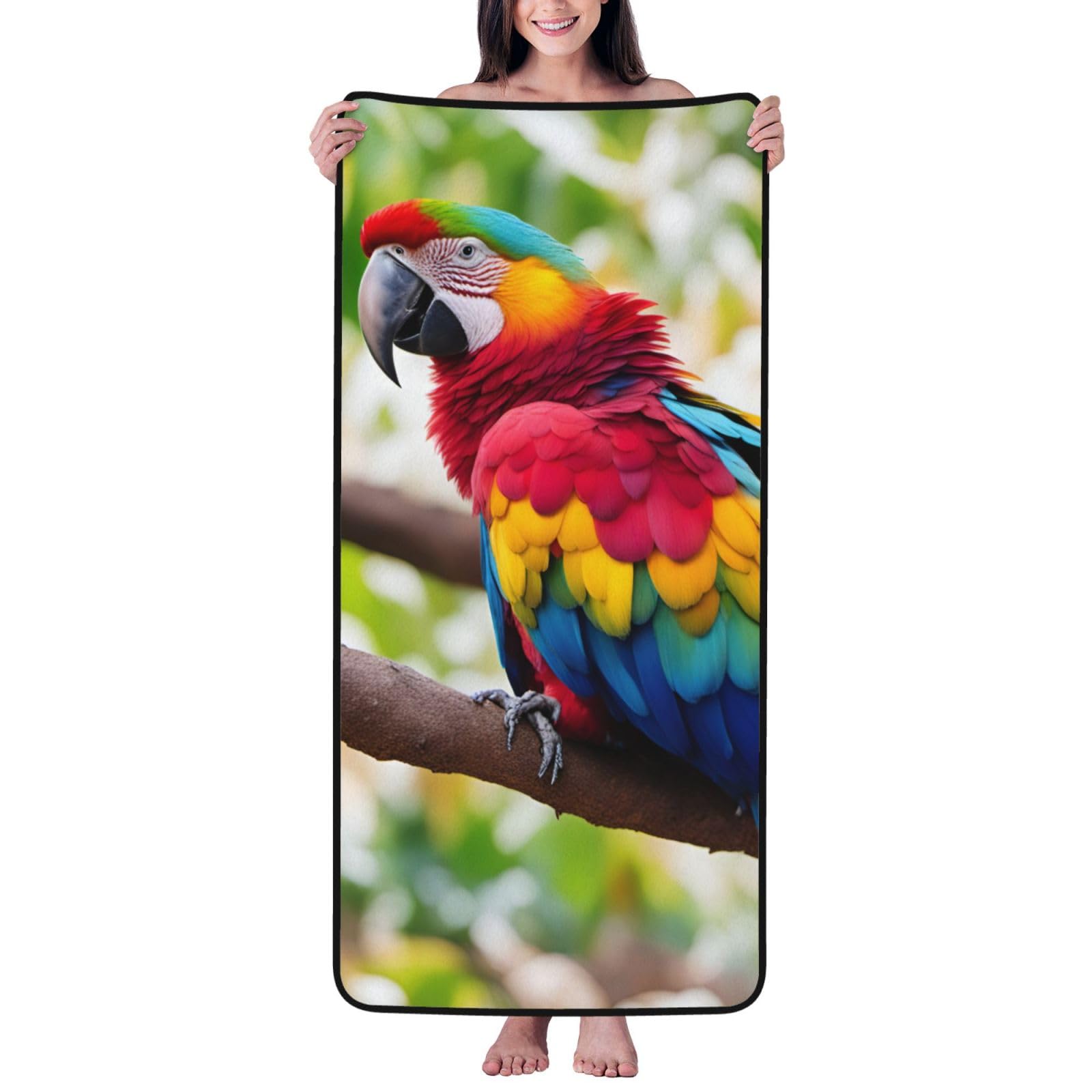 Toalla de baño de terciopelo coral ultra absorbente con diseño de plumas de loro