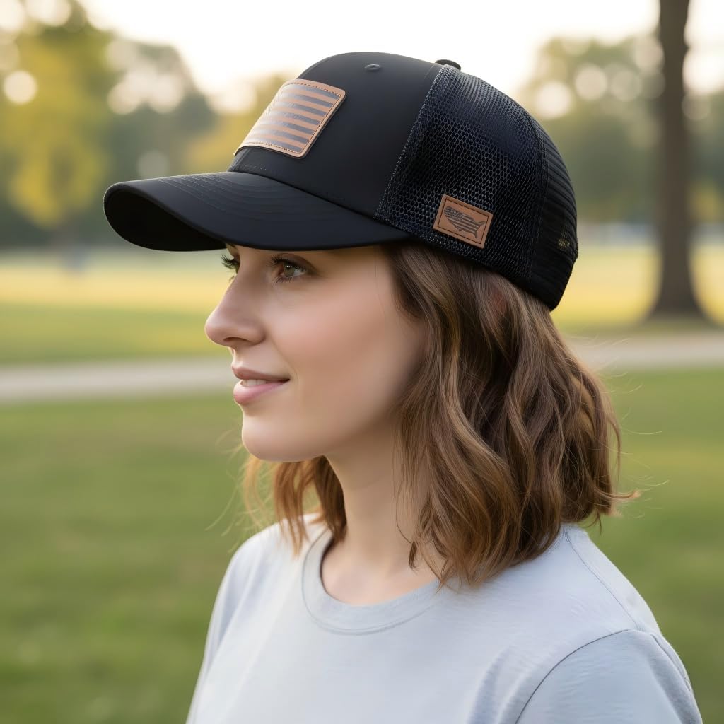 American Flag Hat with Leather Patch, American Flag Trucker Hat， USA Patriotic Mesh Hats for Men Women