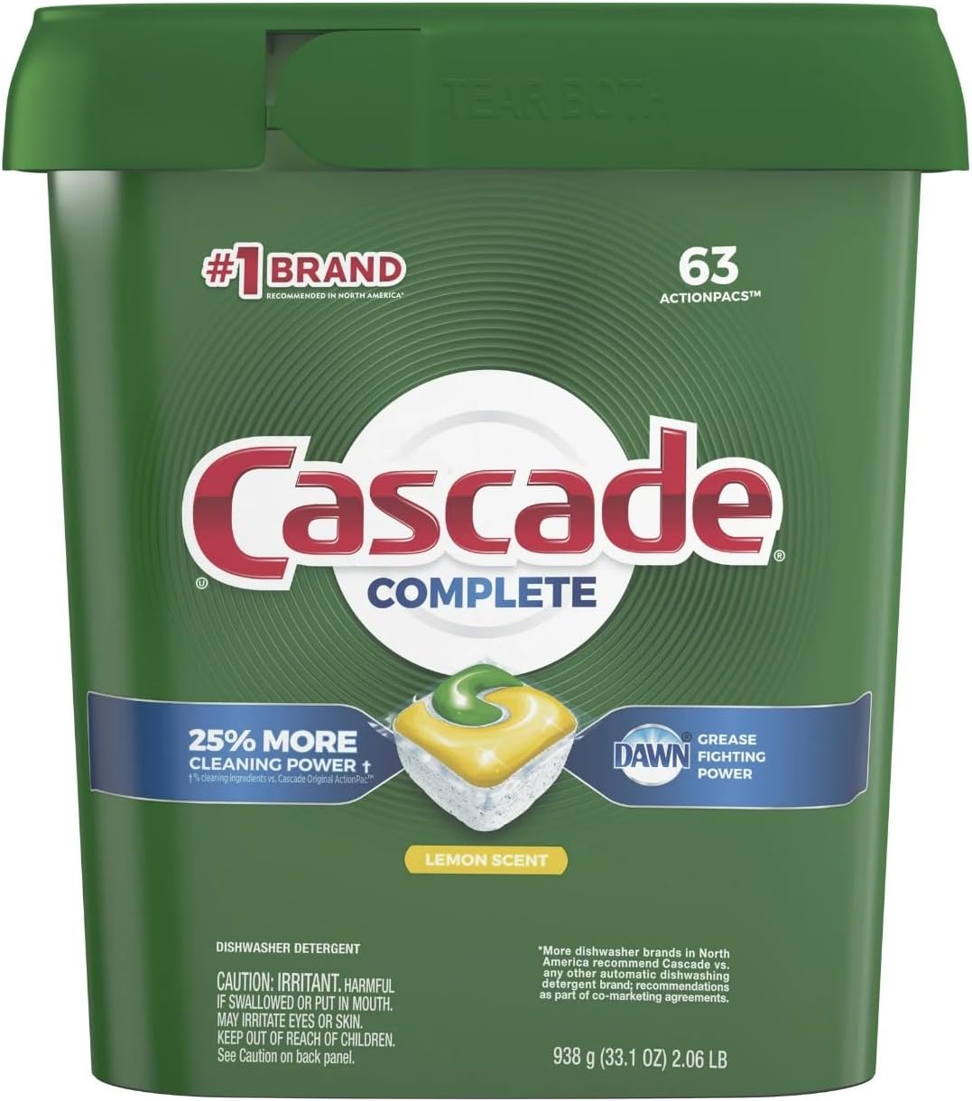 Cascade Complete Actionpacs Dishwasher Detergent, Lemon Scent, 63 Count