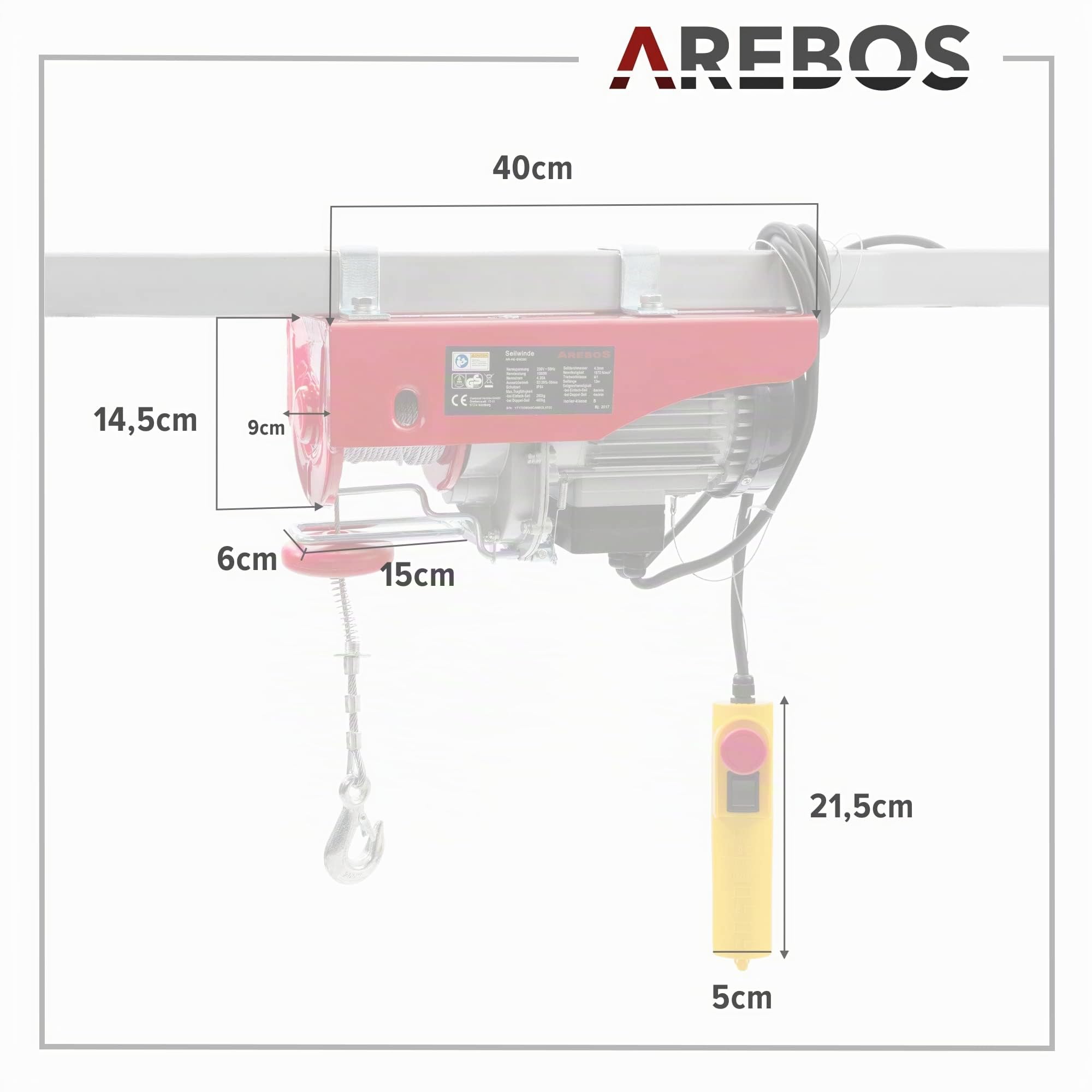 Arebos Paranco Elettrico | 400/800 kg | 1300W | Verricello Elettrico | Montacarichi da Balcone con Telecomando | altezza di sollevamento 12m | Verricellomontacarichi di Sollevamento