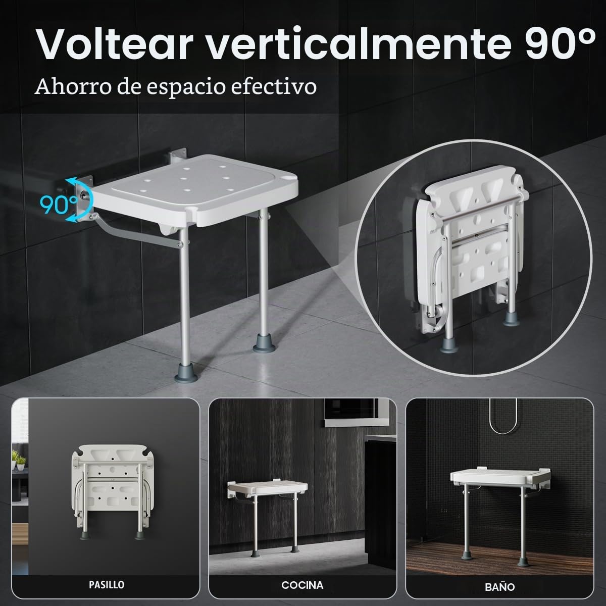 Visone - Taburete de ducha plegable para pared, asiento de ducha de 42 cm de alto con patas antideslizantes, agujero de drenaje, ranura para cabezal de ducha, adecuado para personas mayores y