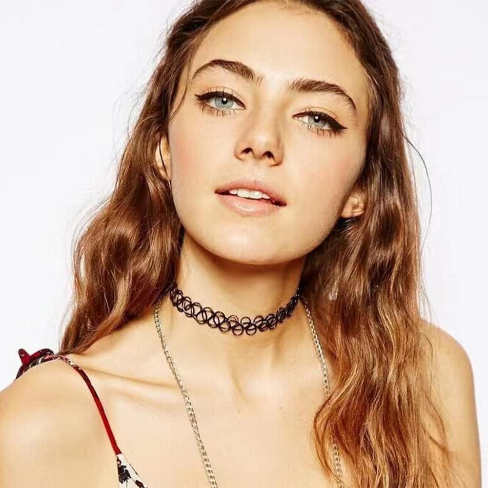 90s Tattoo Choker Necklace, Bracelet & Ring Set – 9 Pieces Black Stretch Gothic Jewelry (3 Necklaces, 3 Bracelets, 3 Rings) – Retro Grunge Aesthetic Accessories for Women - Image 3