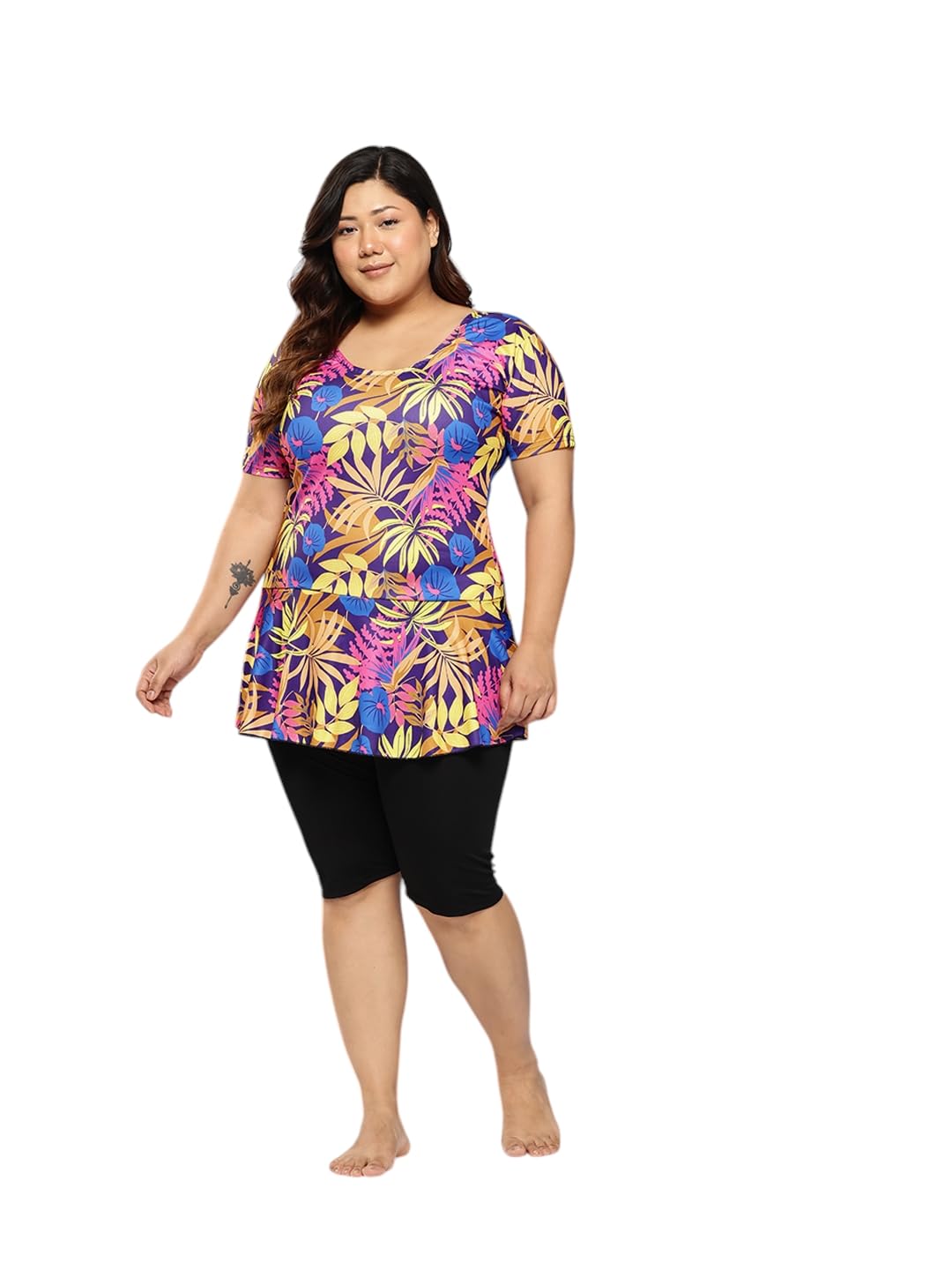 Womens Sports Wear Yellow-Black Colour Floral Print Nylon Plus Size Swim Suit-(XS-4XL)-(SW-W-P-SHM-CA-1111-YELLOW-36)-image-22