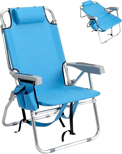 Silla de playa plegable alta con toallero, 5 posiciones ajustables, toallero, enfriador y bolsa de almacenamiento, portavasos y soporte para