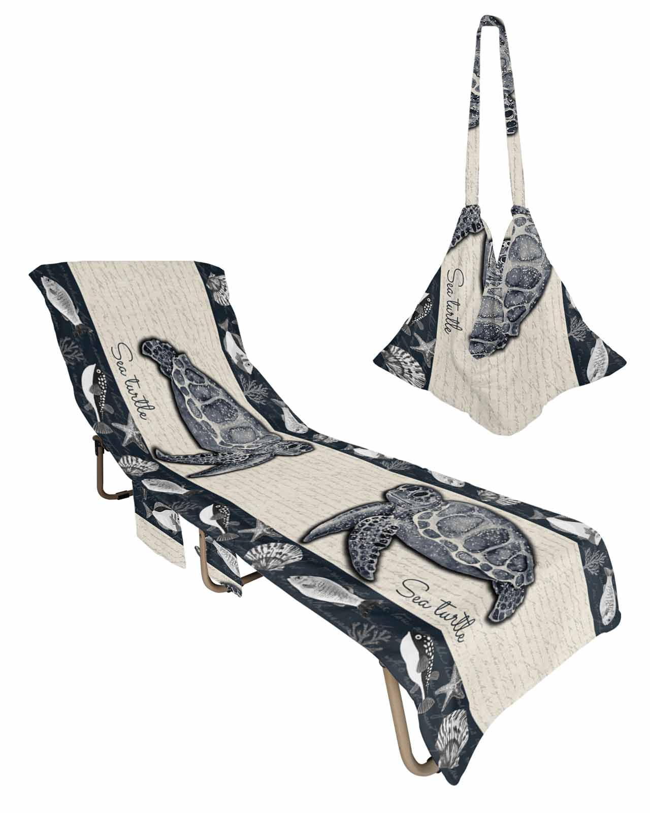 Sea Turtle Beach Lounge Chair Towel Cover, Soft Chaise Lounge Towel with Side Pockets Patio Pool Chairs Cover for Beach/Pool Sunbathing 29x85 Coastal Nautical Ocean Beach Fish Starfish