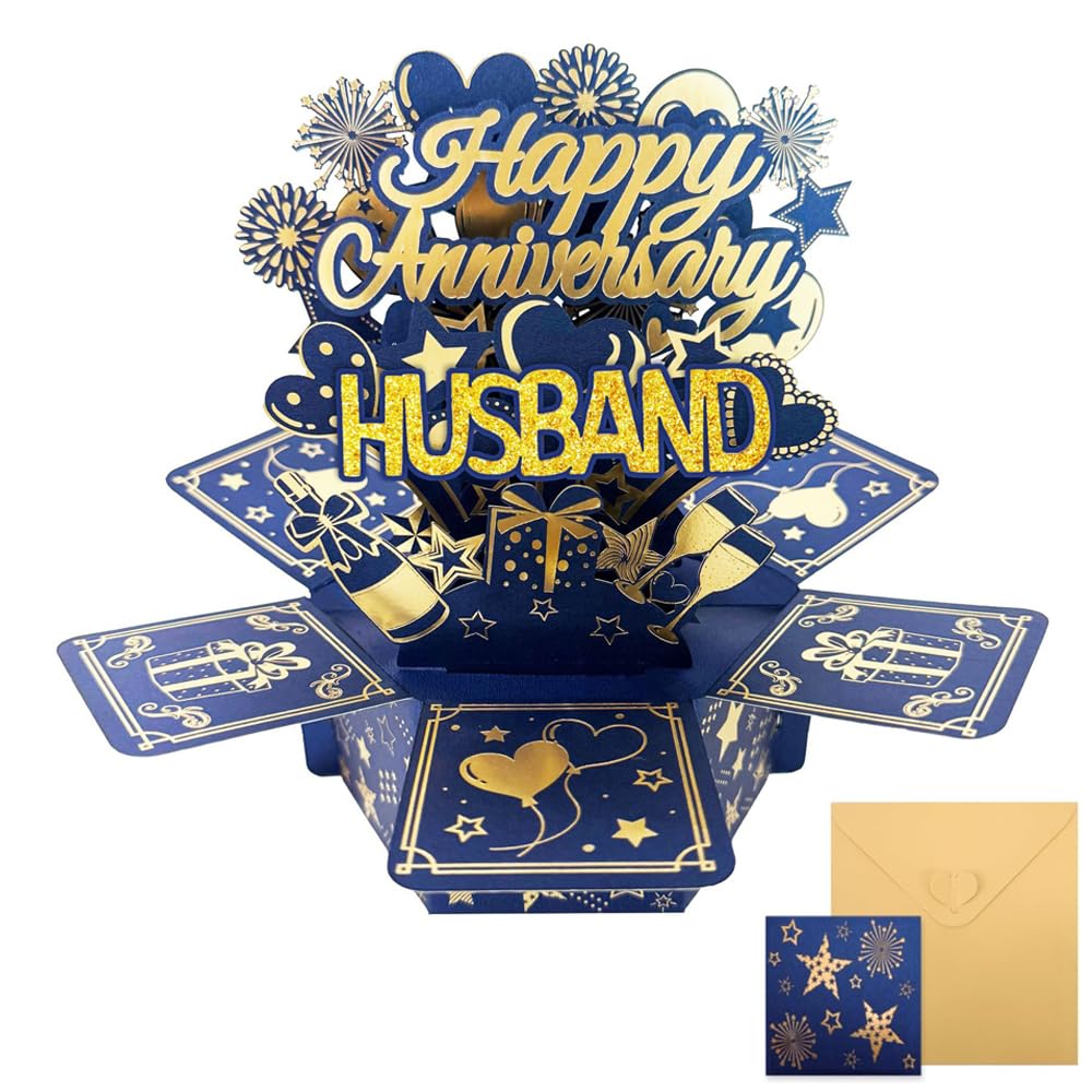Happy Anniversary Card For Husband, Blue 3D Pop Gold Happy Anniversary Greeting Card with Envelope, Foldable Box Papercraft Wedding for Men (01)