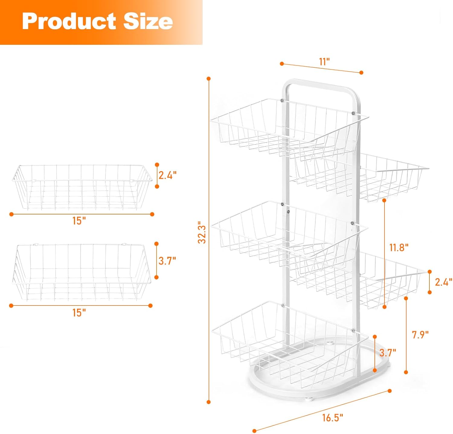 HEOMU 5 Tier Fruit Vegetable Basket for Kitchen Organizers,Kitchen Counter Storage Metal Wire Basket Stand Fruits Rack for Potato Vegetables Baskets Produce Snack Organizer Bathroom White