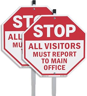 Stop All Visitors Must Report Το Main Office (2 Pack) 10 inch X 10 inch Octagon Plastic Signs with Aluminum Mounting Stakes Weather Resistant UV Protected for Workplace Private Property