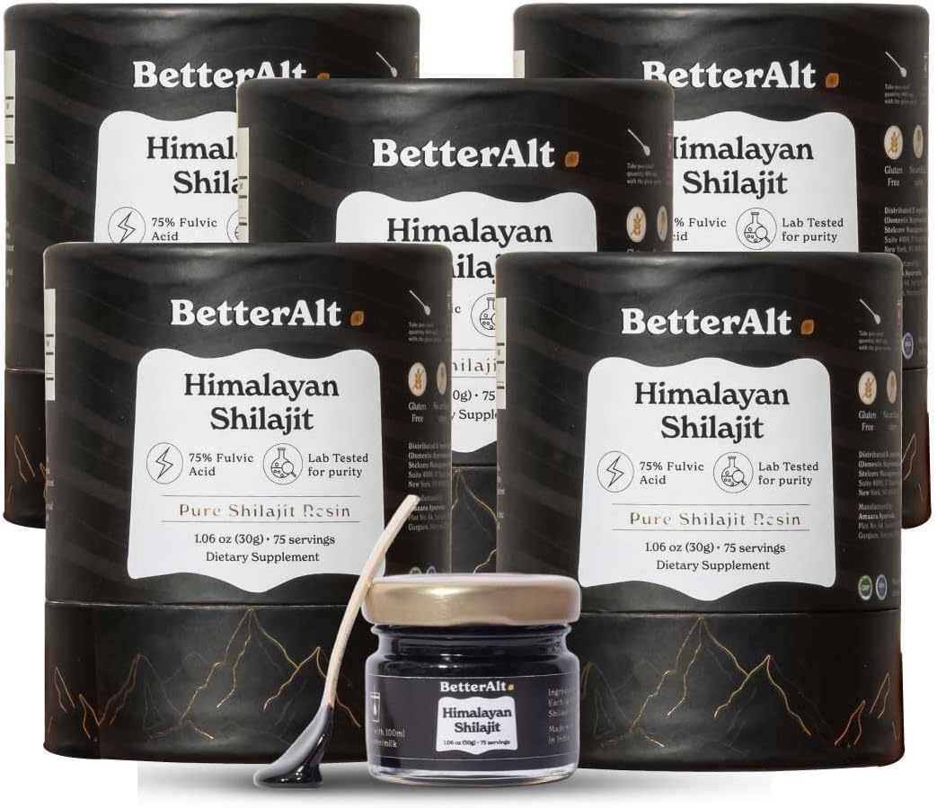Better Alt Pure Himalayan Shilajit Resin Pack of 5 High Potency Gold Grade 375 Servings for Energy Boost & Immune Support, 85+ Trace Minerals, 75%+ Fulvic Acid, with Lab Test Report,400 mg