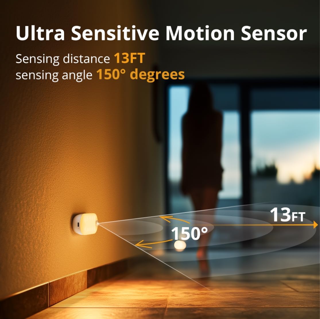 Lyridz - Luz nocturna recargable con sensor de movimiento, 1500 mAh, luces nocturnas que funcionan con pilas, luz LED de clóset, brillo regulable de 1-80 lm, para baño, cocina, escaleras, pasillo, 3