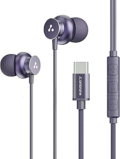 Ambrane Type C Wired in Ear Earphones with in-Line Mic for Clear Calling,1.2M Cable,10Mm Dynamic Drivers for Boostedbass,Control Buttons for iPhone 15,Samsung&Type C Devices (Stringz 38C, Purple)